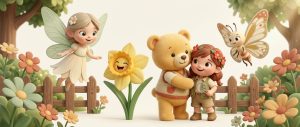 Pixar-style illustration of all five Heaton Lodge nursery room mascots playing together in a garden — Daisy, Denny, Bea, Blossom, and Poppy