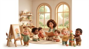 Pixar-style illustration of nursery children engaged in learning activities at Heaton Lodge