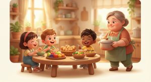 Pixar-style illustration of children enjoying freshly prepared meals at Heaton Lodge nursery