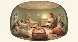 Pixar-style illustration of a peaceful nap time scene at Heaton Lodge Children's Nursery