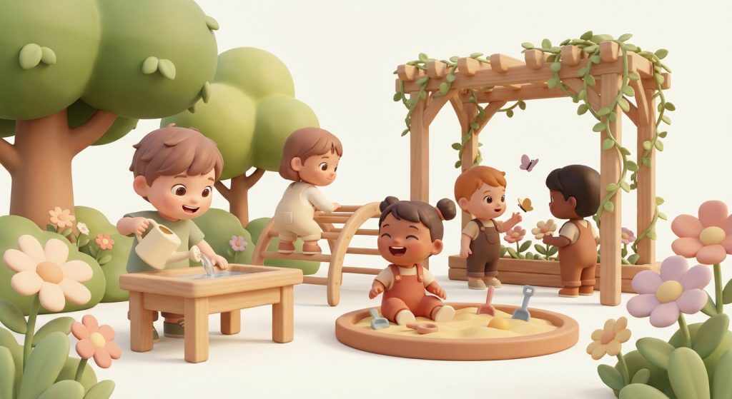 Pixar-style illustration of children playing outdoors in the enclosed garden at Heaton Lodge nursery