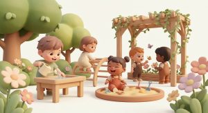 Pixar-style illustration of children playing outdoors in the enclosed garden at Heaton Lodge nursery